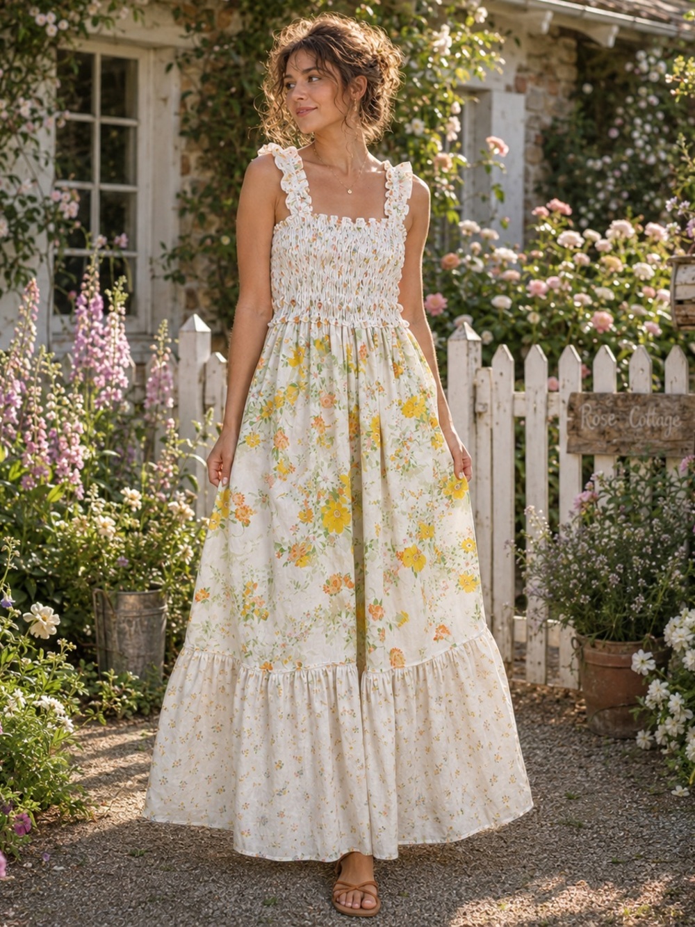 Artisan Made Prairie Floral Smocked Maxi Dress Cottagecore Folk Romantic